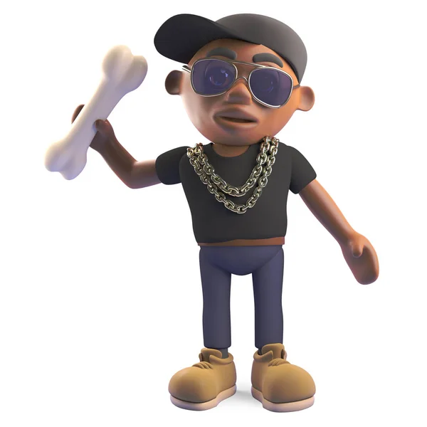 Cool artiste rap hip hop noir en casquette de baseball jetant un os, illustration 3D — Photo