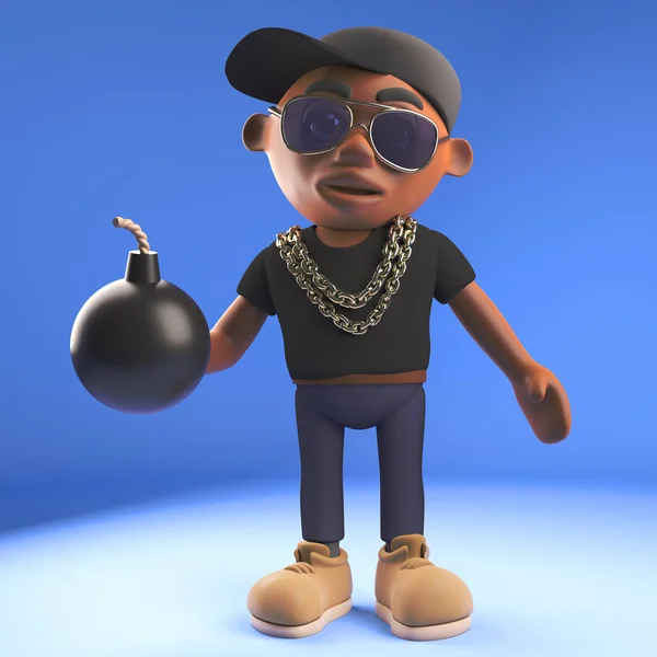 Dibujos animados negro hiphop rap artista tiene la bomba, 3d ilustración — Foto de Stock