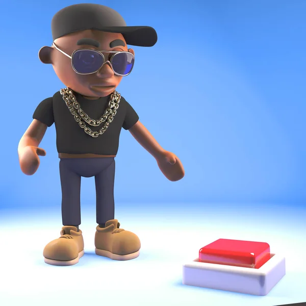 Cool rapper hiphop preto no boné de beisebol olha para o botão no chão, ilustração 3d — Fotografia de Stock