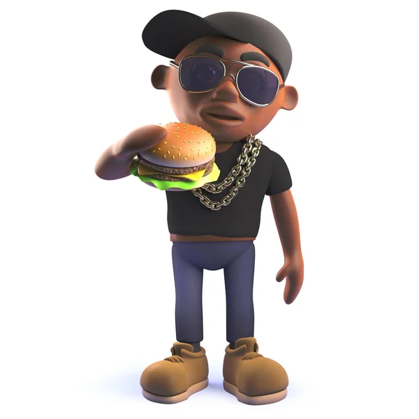 Black African American cartoon 3d hiphop rapper eating a cheese burger