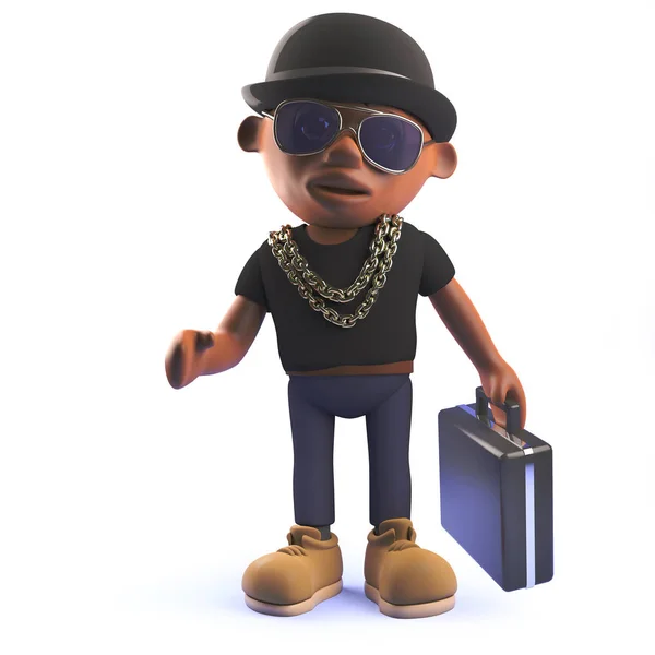 3d cartoon black African American hiphop rapper with bowler hat and briefcase — Stock Photo, Image