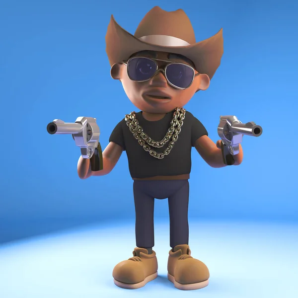 Cartoon fekete hiphop rapper ruhák, mint egy cowboy Stetson kalap és pisztoly, 3D illusztráció — Stock Fotó