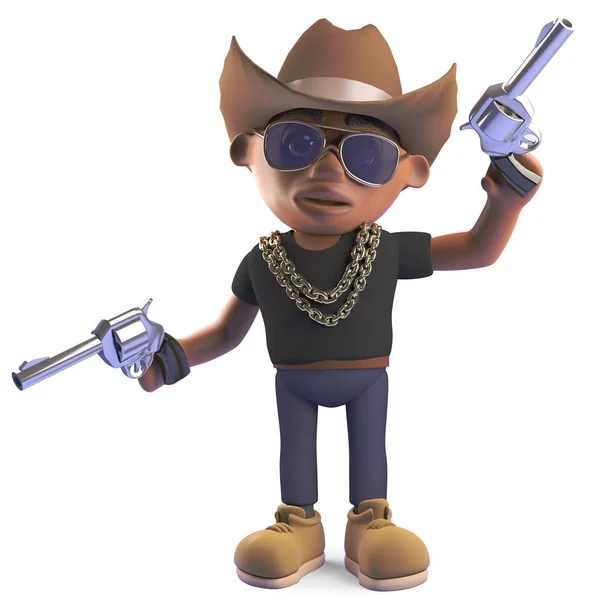 Black cowboy hiphop rap artist with stetson and guns, 3d illustration — Stock Photo, Image