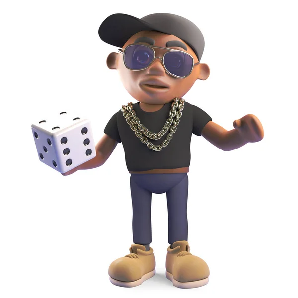 Lucky black hiphop rap artist in baseball cap about to throw the dice, 3d illustration