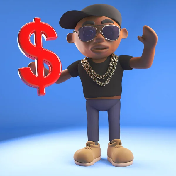 丰富的黑色嘻哈说唱歌手拿着一个美元货币符号,3D插图 — 图库照片