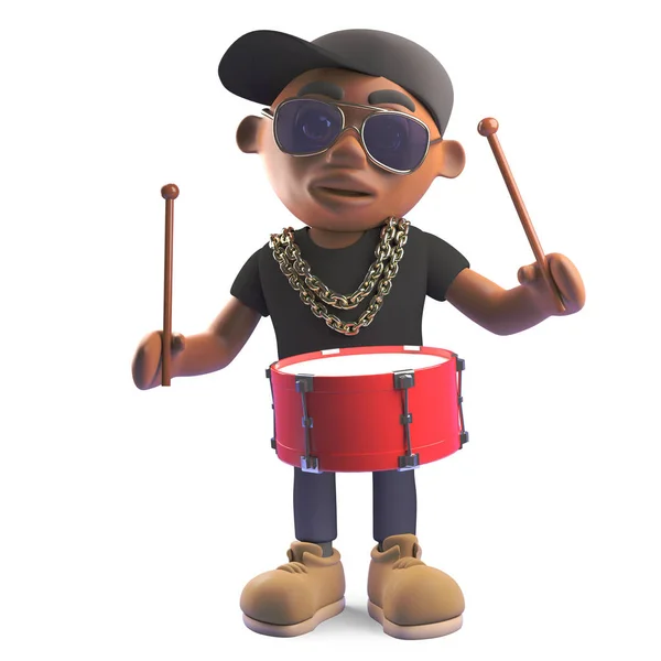 Rhythmischer schwarzer HipHop-Rapper, der Schlagzeug spielt, 3D-Illustration — Stockfoto