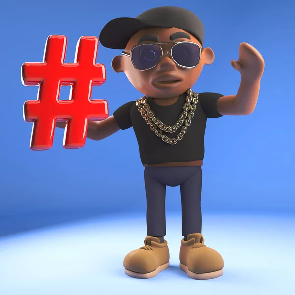 Cartoon Black hiphop raper w Baseball Cap trzyma symbol znacznika hash, ilustracja 3D — Zdjęcie stockowe