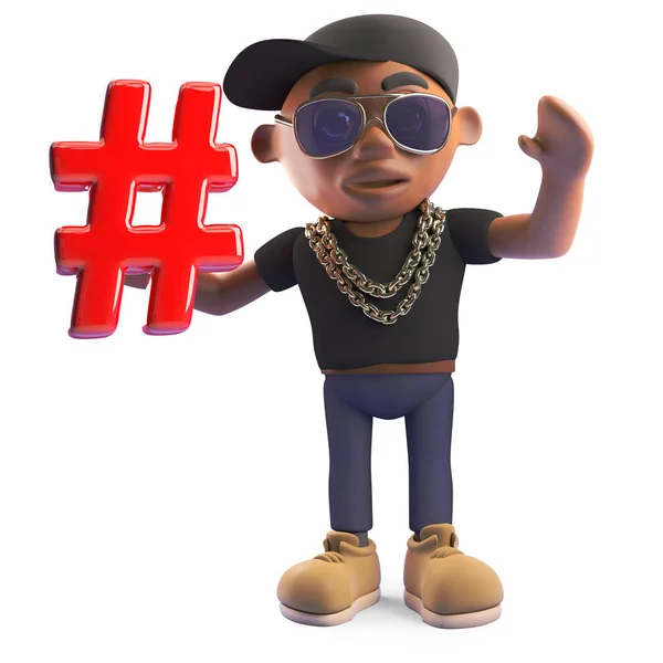 Cool Black hip hop rapper houden een hashtag symbool, 3D illustratie — Stockfoto