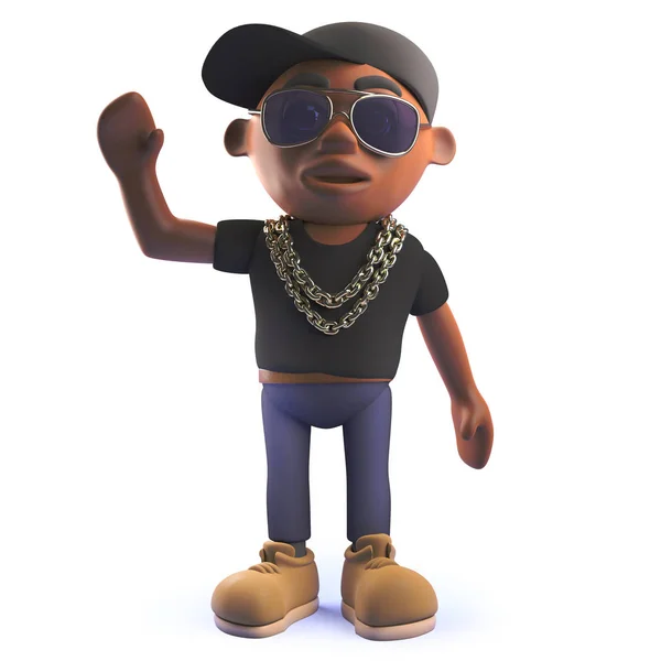 Schwarze 3D-Hip-Hop-Rapper Cartoon-Figur winkt hallo — Stockfoto