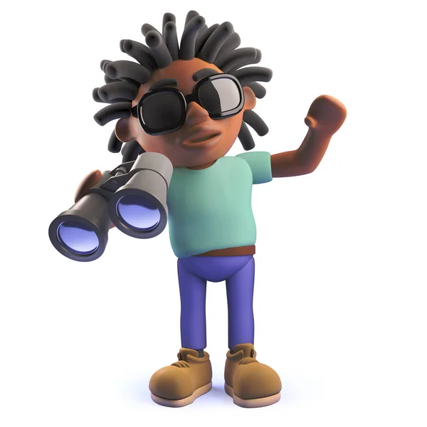 Cartoon czarny człowiek z dredy trzymając parę lornetki, ilustracja 3D — Zdjęcie stockowe