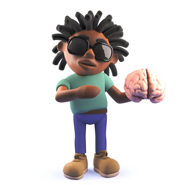 Cartoon dreadlocked uomo nero che tiene un cervello umano, illustrazione 3d — Foto Stock