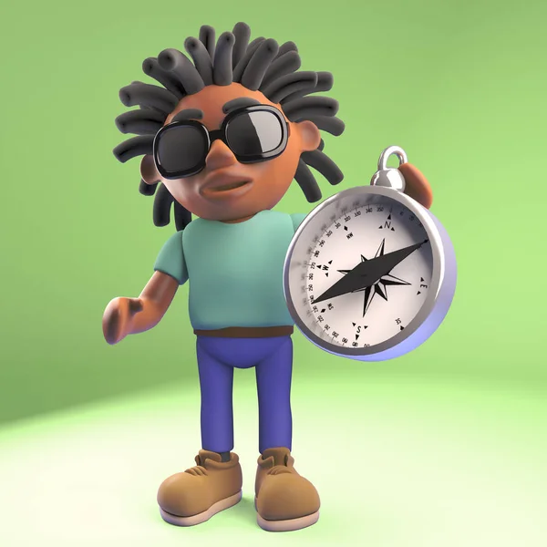 Cool zwarte man met dreadlocks houden een magnetisch kompas, 3D-illustratie — Stockfoto