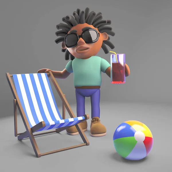 Homem preto com dreadlocks em férias com cadeira de praia e bebida, ilustração 3d — Fotografia de Stock