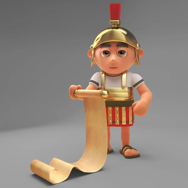 Logistically minded Roman centurion soldier reads his scroll, 3d illustration