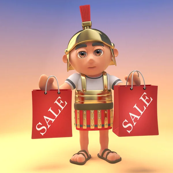 Satılık ziyaret ettikten sonra alışveriş çantaları tutan Roma Centurion asker, 3D illüstrasyon — Stok fotoğraf
