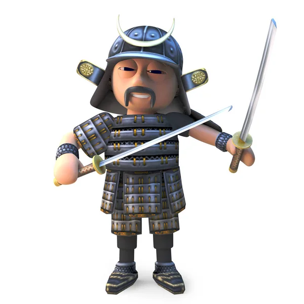 Espada Katana empuñando guerrero samurai japonés está a la defensiva, ilustración 3d — Foto de Stock