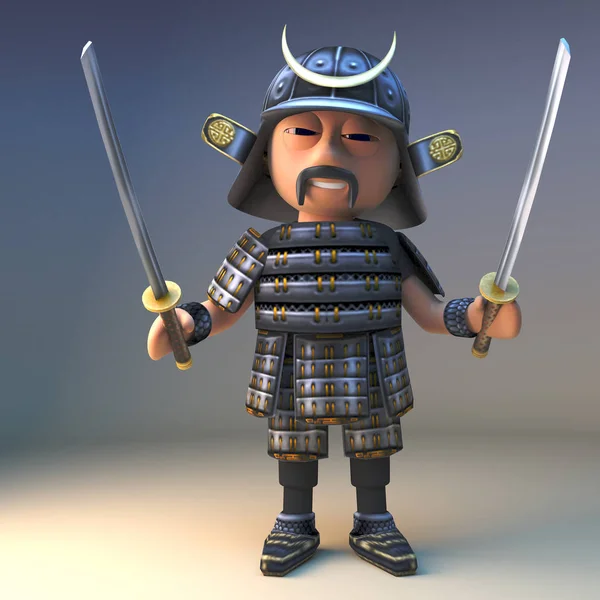 Szlachetny japoński wojownik samuraj dzierży dwa potężne ostrza katany, ilustracja 3D — Zdjęcie stockowe