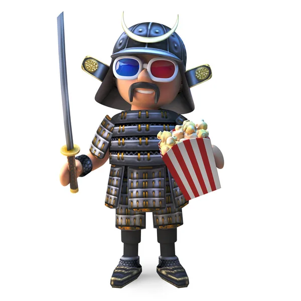 Szlachetny japoński samuraj wojownik zegarki 3D film z popcorn, ilustracja 3D — Zdjęcie stockowe