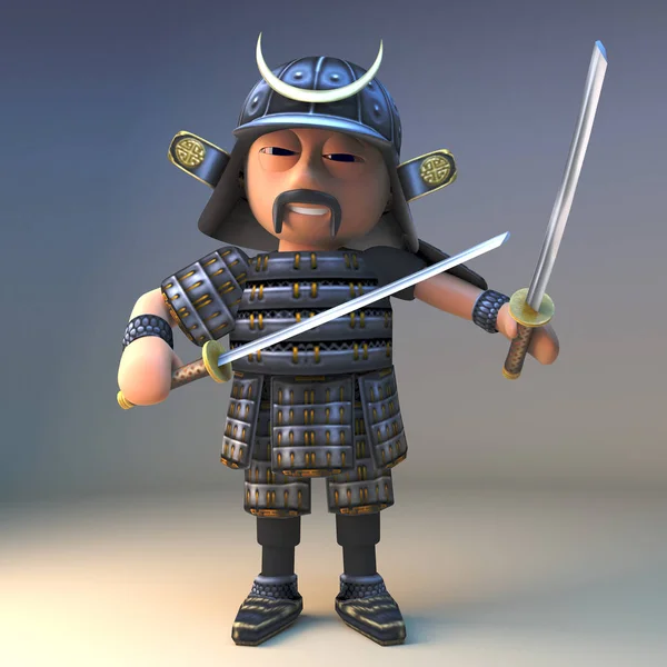 Adept japoński samuraj wojownik władający dwa ostrza Katana, ilustracja 3D — Zdjęcie stockowe
