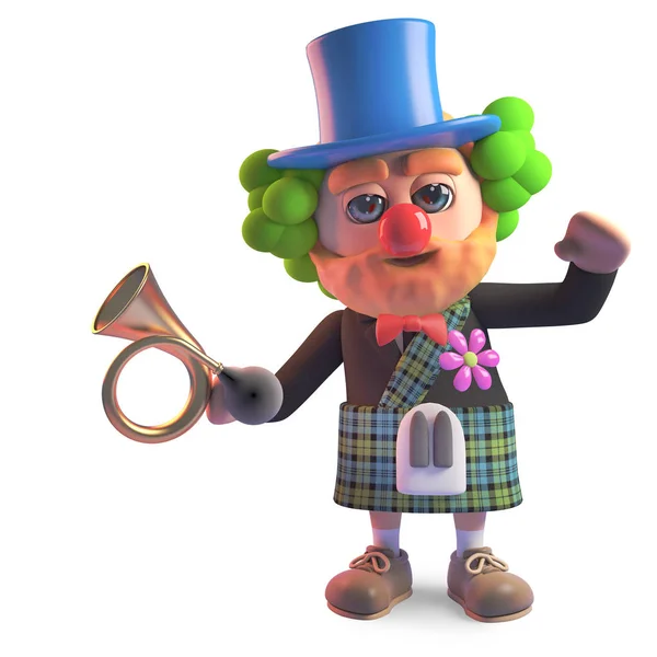 Funny cartoon Scottish man in kilt dressed as clown with red nose, 3d illustration