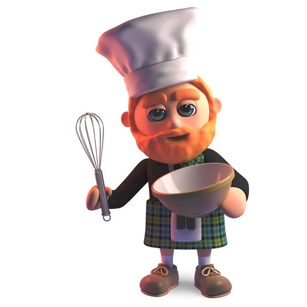 Skotský muž v kuchařské čepici a kilt upeče dort s mixovací nádobkou, 3D ilustrace — Stock fotografie