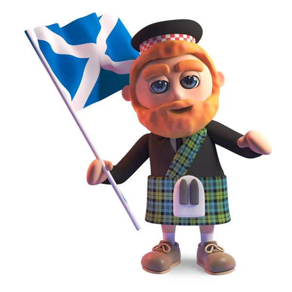 Trotse Schotse man in kilt golven de Schotse vlag, 3D-illustratie — Stockfoto