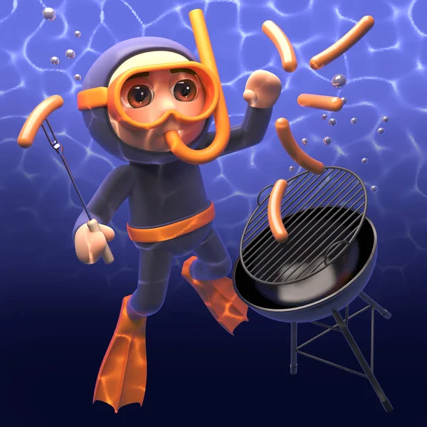 Funny snorkel diver contiues to cook his bbq barbecue underwater, 3d illustration