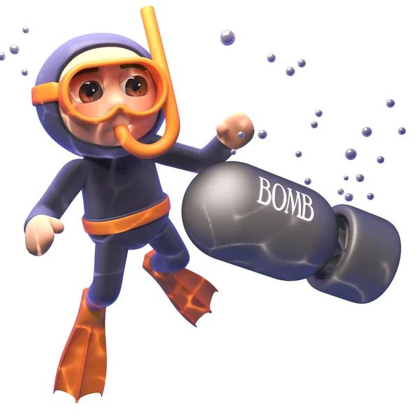 Zeichentrick-3D-Taucher findet Bombe unter Wasser, 3d-Illustration — Stockfoto