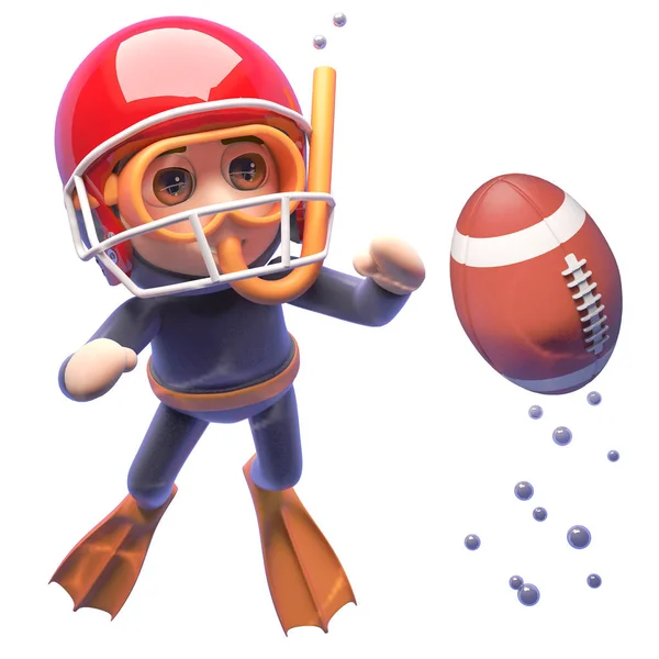 Schnorcheltaucher mit American-Football-Helm beobachtet, wie ein Ball an die Oberfläche schwebt, 3D-Illustration — Stockfoto