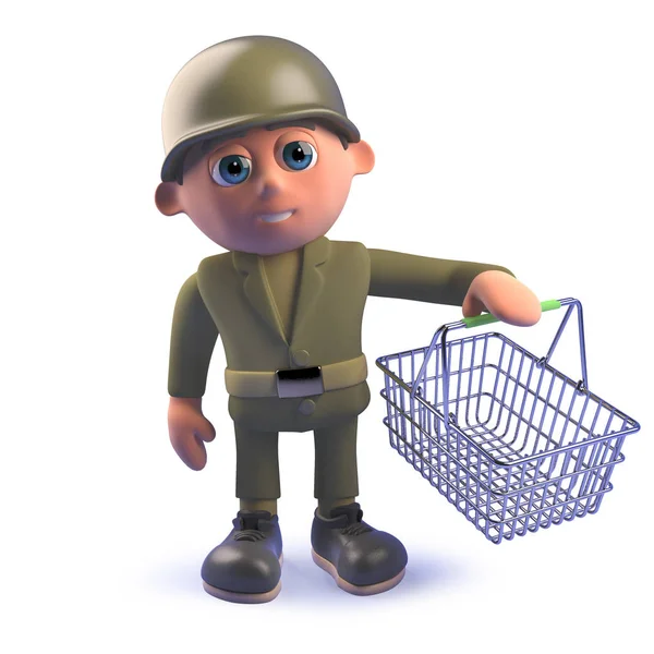 Bir alışveriş sepeti tutan 3D karikatür ordu asker karakter — Stok fotoğraf
