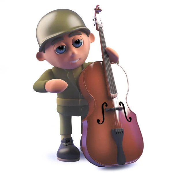 Çift bas oynayan 3D ordu asker karikatür karakter — Stok fotoğraf
