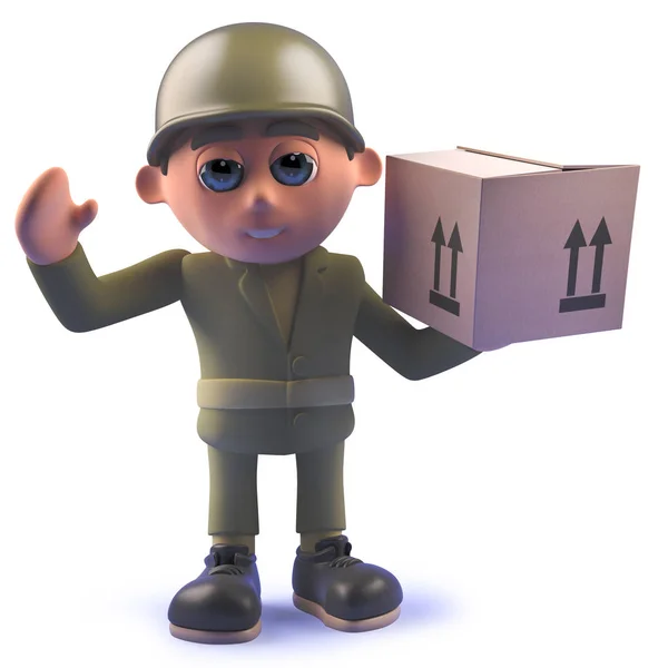 Cartoon character army soldier in 3d carrying a cardboard box parcel