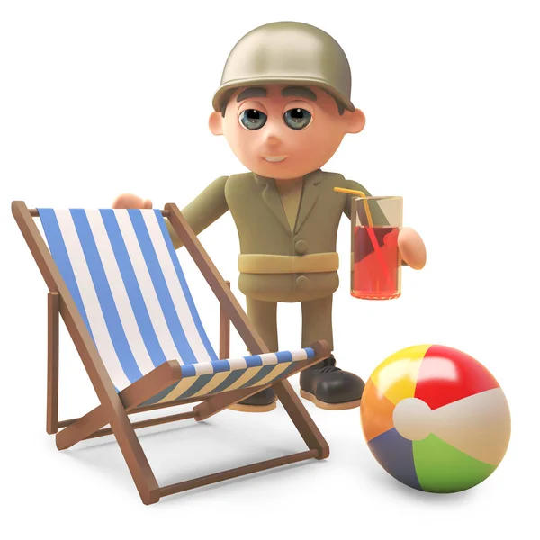 Kreslený armádní voják pije vedle židle a plážového míče, 3D ilustrace — Stock fotografie
