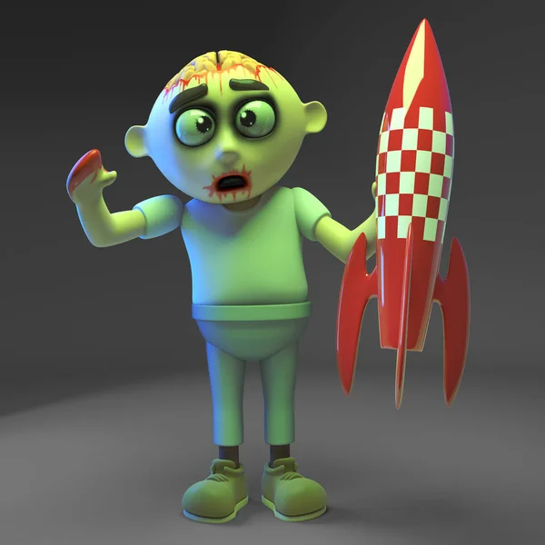 Space obsessed zombie monster has bought a small rocket spaceship, 3d illustration — Stock Photo, Image