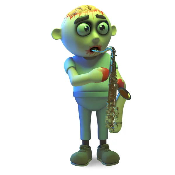Saxofon hrající nemrtvou zombie příšeru, 3D ilustrace — Stock fotografie