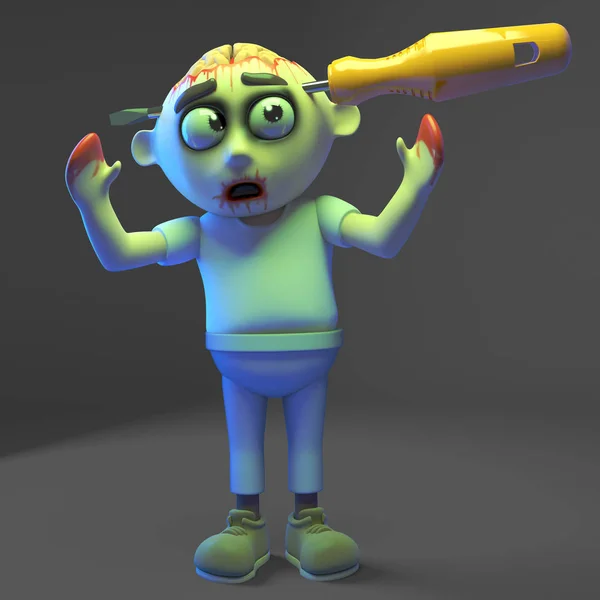Zombie suffers a small headwound by way of a screwdriver, 3d illustration