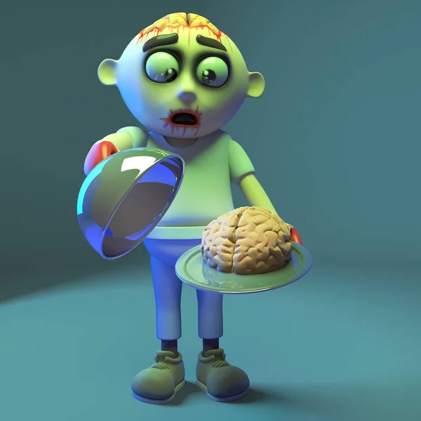 Mostro zombie affamato serve un delizioso cervello, illustrazione 3d — Foto Stock