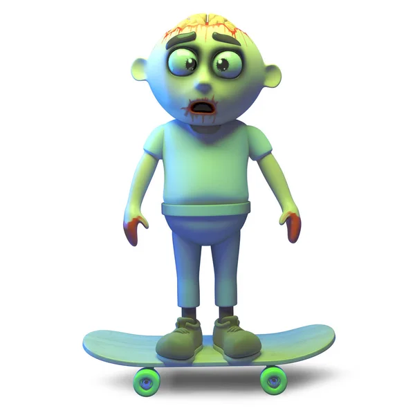 Chladná nemrtvá zombie příšera jezdila na skateboard, 3D ilustrace — Stock fotografie