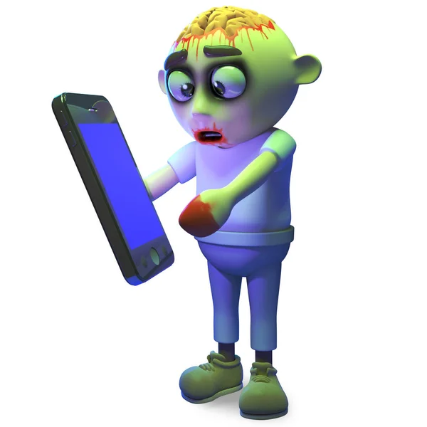 Funny undead zombie monster plays with his new smartphone tablet device, 3d illustration — Stock Photo, Image