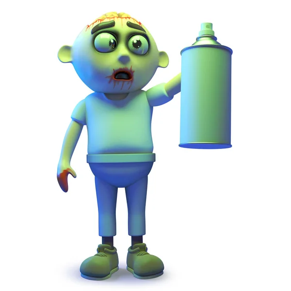 Scarey élőhalott zombi szörny segítségével egy aeroszol spraycan, 3D illusztráció — Stock Fotó