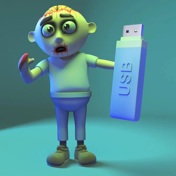 Zorgvuldige Undead Zombie monster back-ups van gegevens op USB thumb drive, 3D-afbeelding — Stockfoto