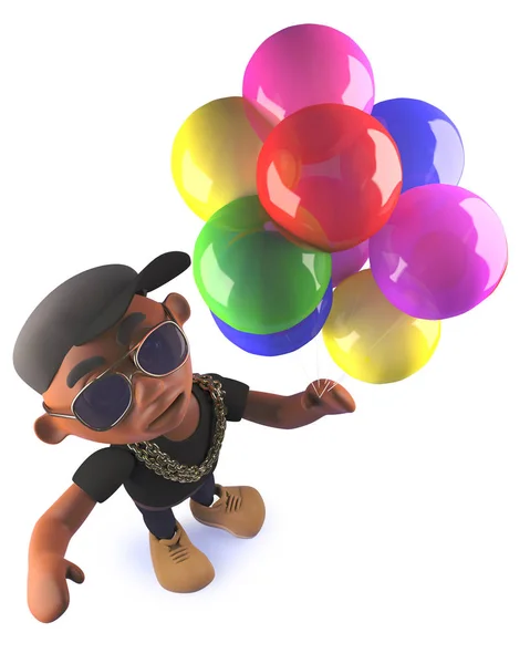 Dessin animé noir afro-américain rappeur hiphop avec ballons, illustration 3D — Photo