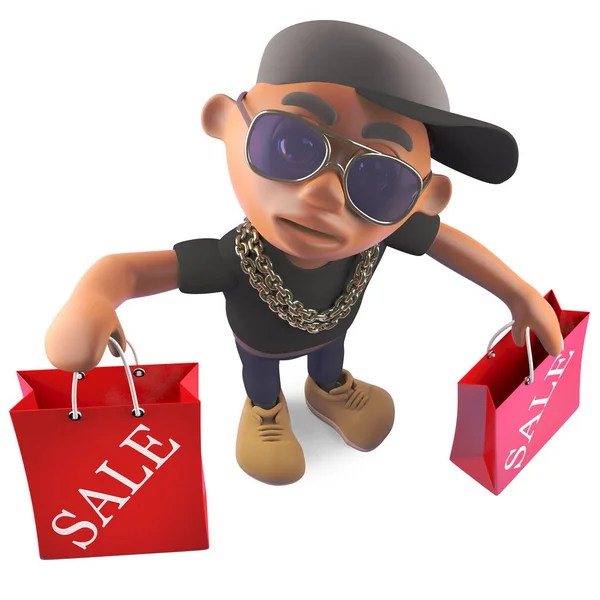 Cool black rap hiphop artist has been to the sale for shopping, 3d illustration — Stock Photo, Image