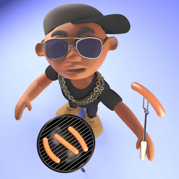 Schwarzer HipHop-Rap-Künstler kocht Würstchen auf einem Grill, 3D-Illustration — Stockfoto