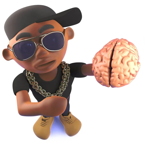 Fumetto nero afroamericano hip hop rapper holding un cervello, 3d illustrazione — Foto Stock