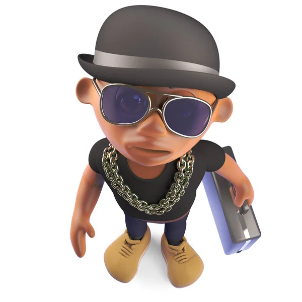 Чорний бізнесмен хіп-хоп репер носить портфель і носить боулінг, 3d ілюстрації — стокове фото