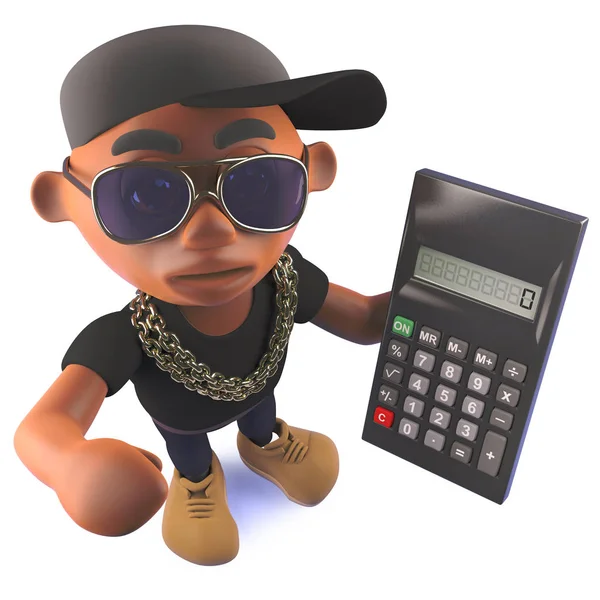 3D kreskówki czarny Afroamerykanin hiphop raper trzyma Kalkulator — Zdjęcie stockowe