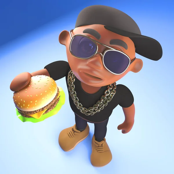 Faminto rapper hiphop preto comendo um delicioso hambúrguer queijo lanche, ilustração 3d — Fotografia de Stock