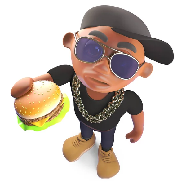 Cartoon black hiphop rapper eating a cheeseburger snack, 3d illustration — Stock Photo, Image