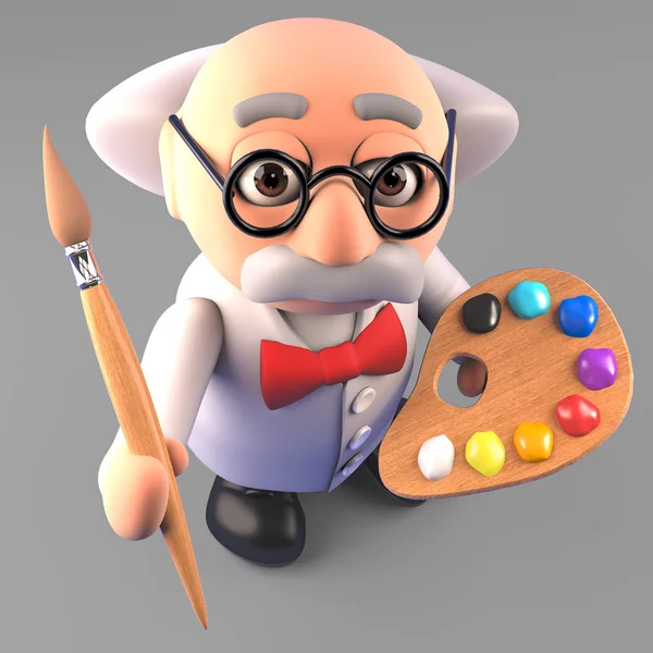 Art minded mad scientist professor with paintbrush and palette, 3d illustration